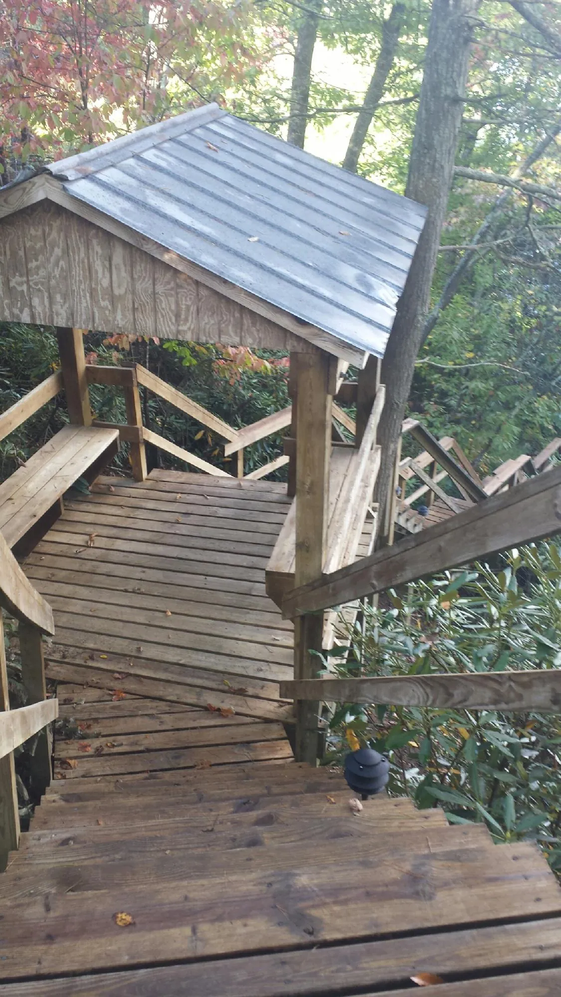 Metal roofed shelter over wooden steps on a wooded walkway — Skylight Repair & Installation work by our crew in New Matamoras